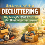 Before and after decluttering home showing messy cluttered room transforming into a clean organized living space