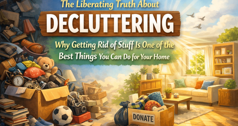 Before and after decluttering home showing messy cluttered room transforming into a clean organized living space