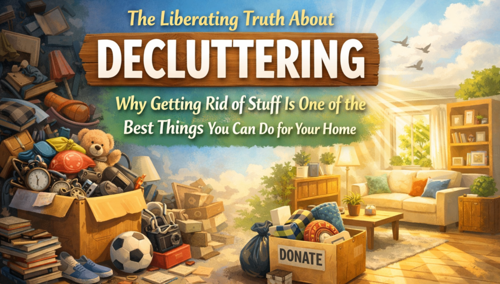 Before and after decluttering home showing messy cluttered room transforming into a clean organized living space