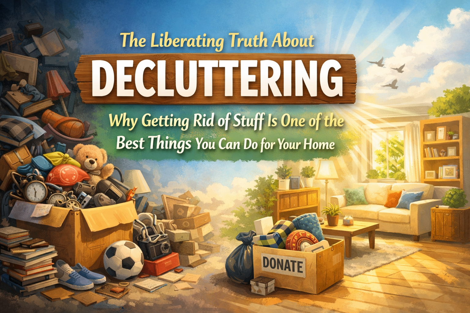 Before and after decluttering home showing messy cluttered room transforming into a clean organized living space