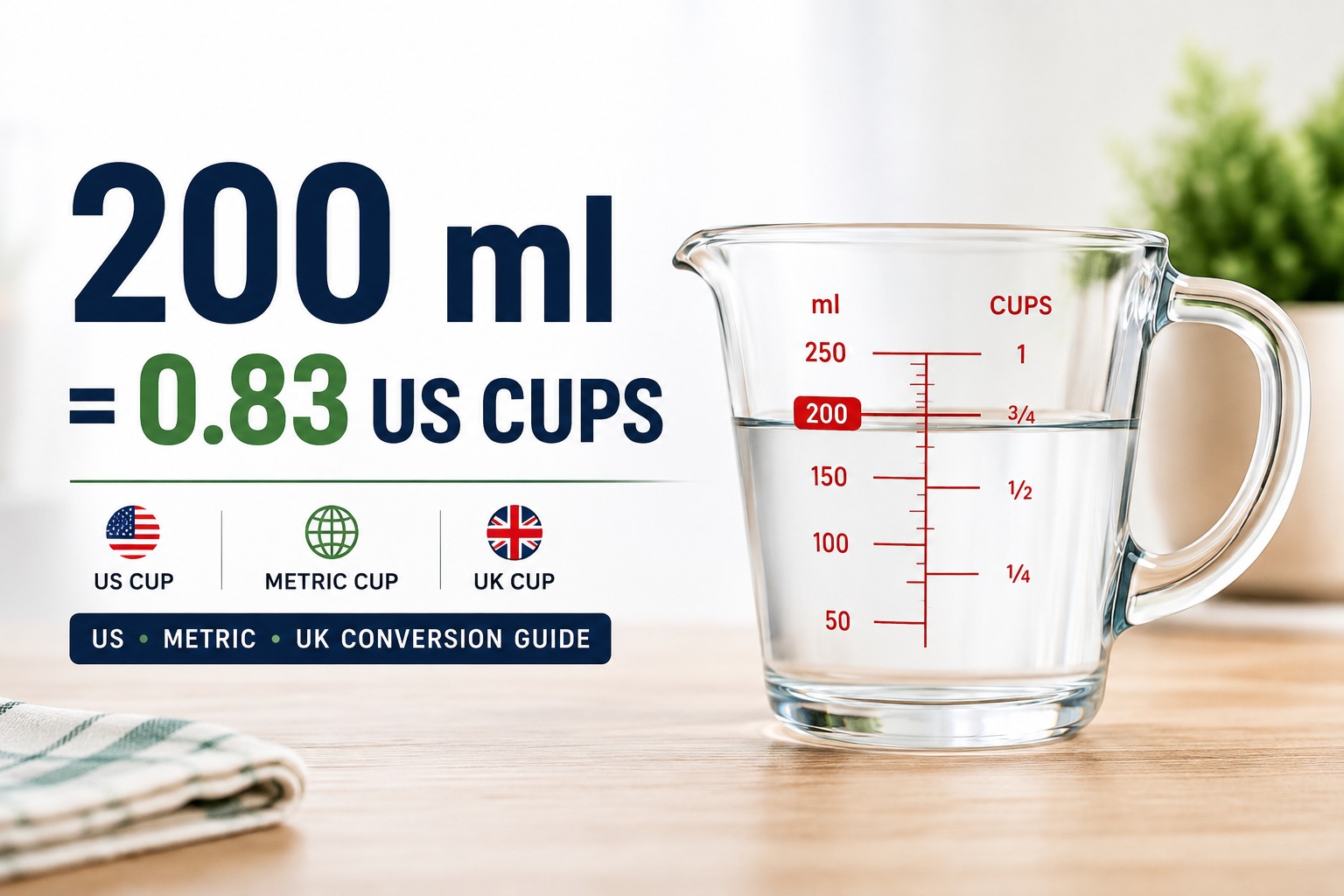 200 ml equals how many cups
